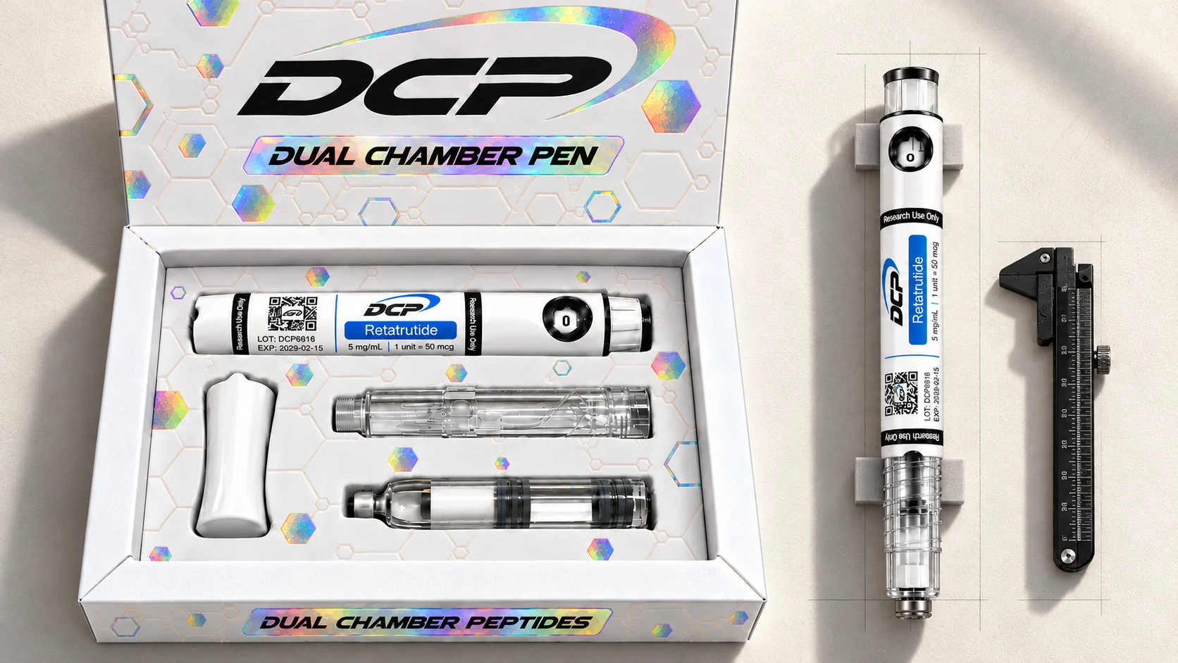 Dual Chamber Peptides — Redaktionel produktopstilling; ikke et foto af faktiske faciliteter, tilbehør eller testresultater.
