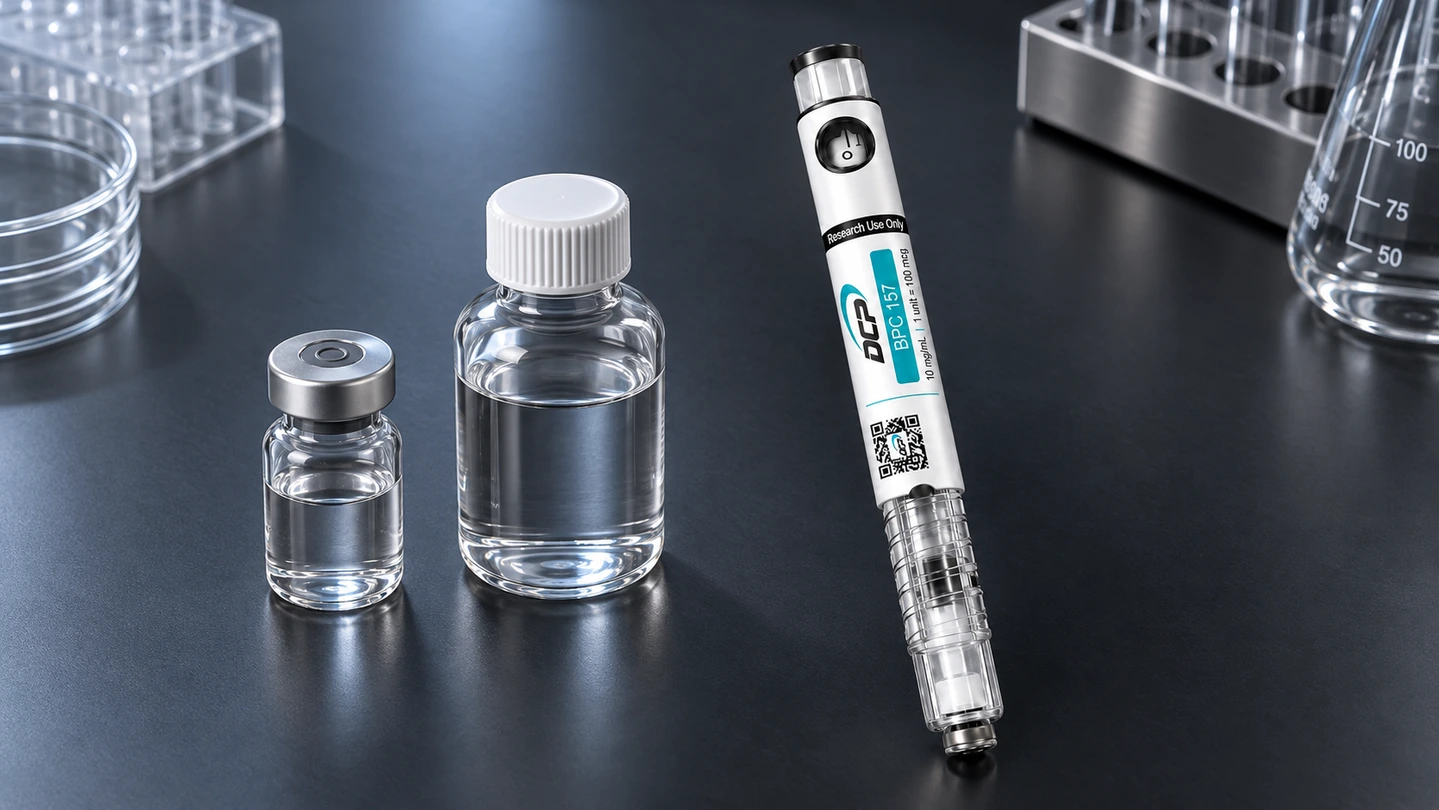 Dual Chamber Peptides-pen ved siden af et konventionelt hætteglas, en flaske med opløsningsmiddel og pakket laboratorieudstyr